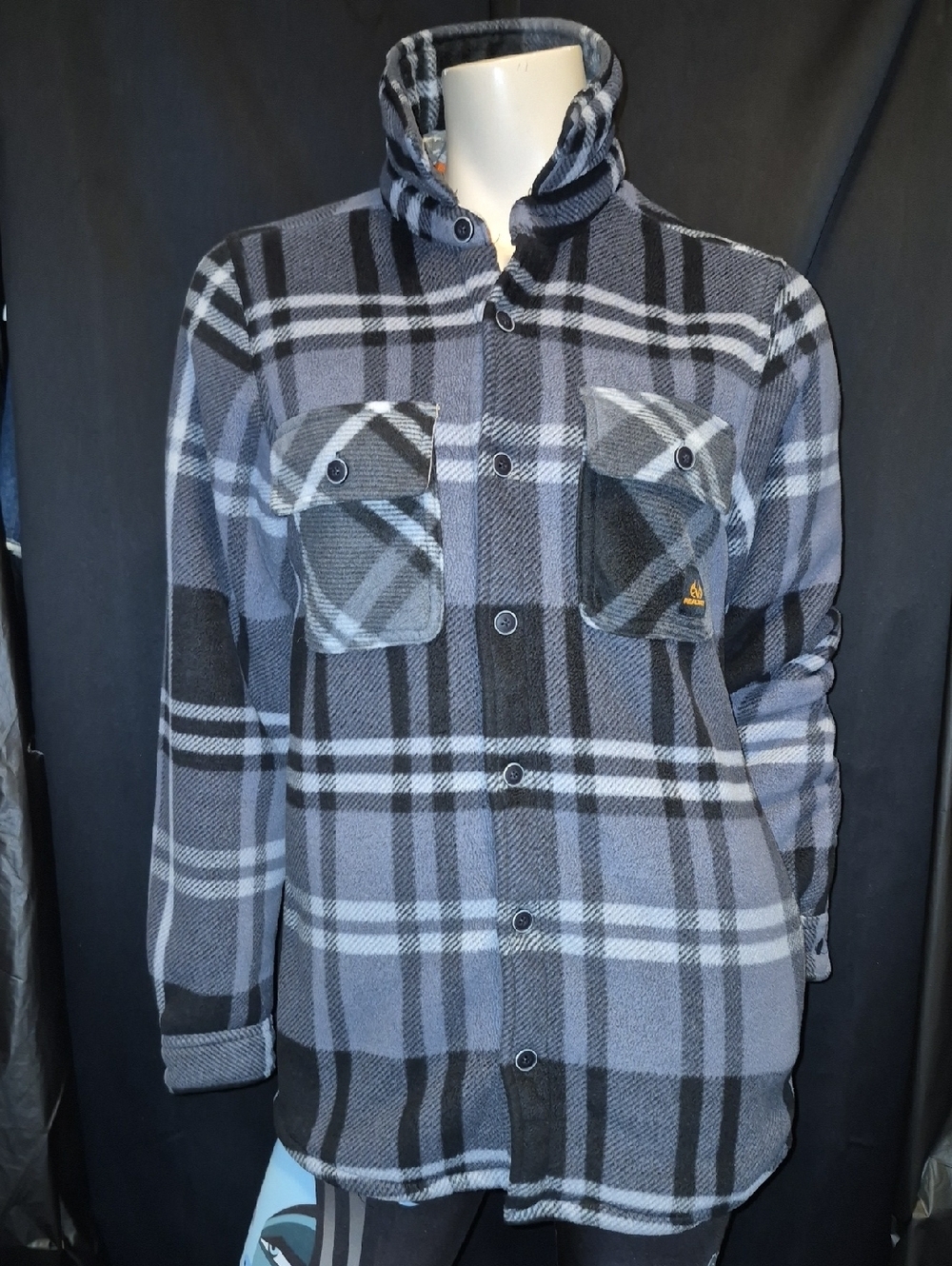 REALTREE Grey & Black Plaid Button-Up Fleece Shirt Jacket Size Small